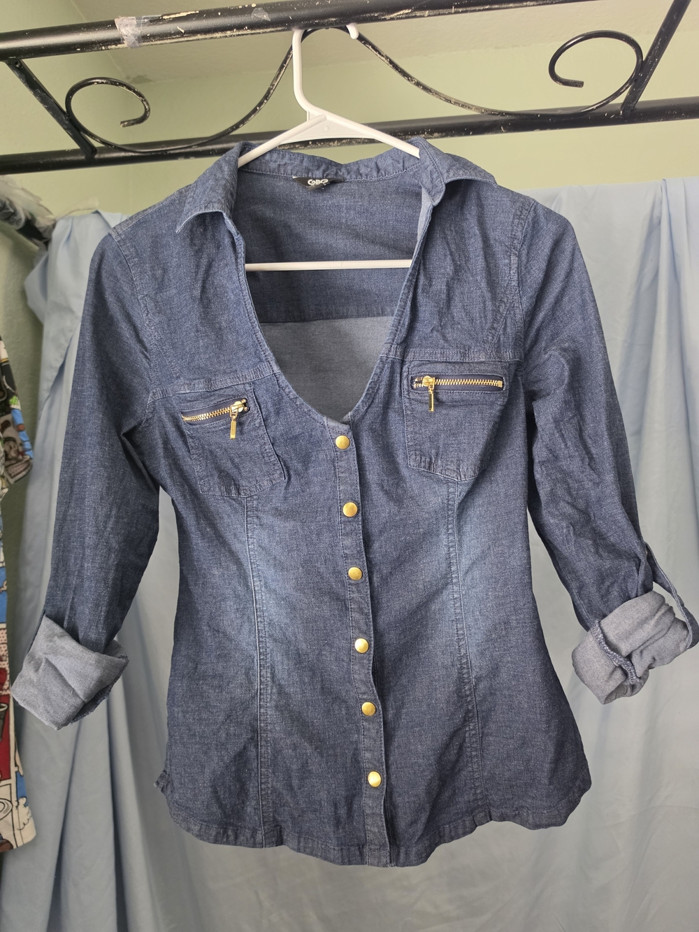 GBG Los Angeles Dark Blue Denim-Style Button Front Shirt with Gold Accents